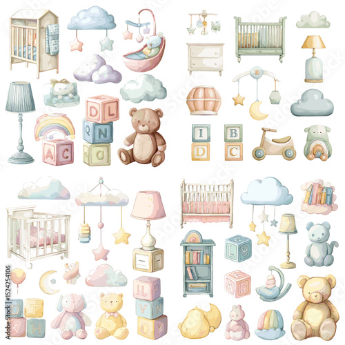 Pastel watercolor nursery set with teddy bears, cribs, toys, lamps, and clouds. Hand-painted baby room decor elements perfect for baby shower and birth themes.

