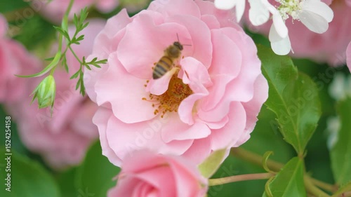 庭園に咲くピンクのバラの花粉を集める蜜蜂
Bees collecting pollen from the pink roses in the garden. White orlaya flowers.
