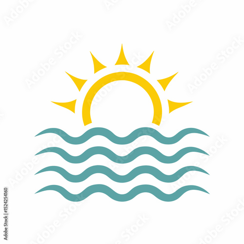 Minimal Ocean Sunrise Over Waves Logo Vector.