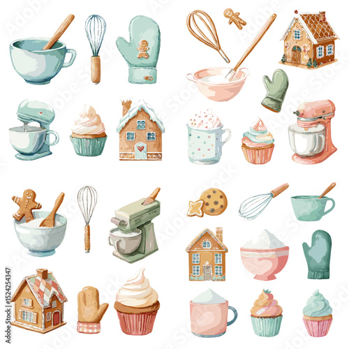 Watercolor baking elements set with bowls, whisks, mittens, cupcakes, gingerbread houses, and mixers. Ideal for holiday baking, recipe cards, and kitchen designs.

