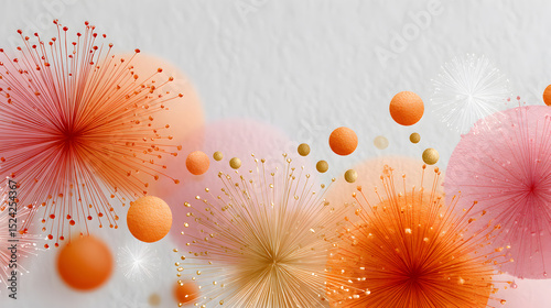 Abstract illustration featuring vibrant spheres and floral elements in shades of orange, pink, and white, creating a dynamic and colorful visual composition. Selective focus