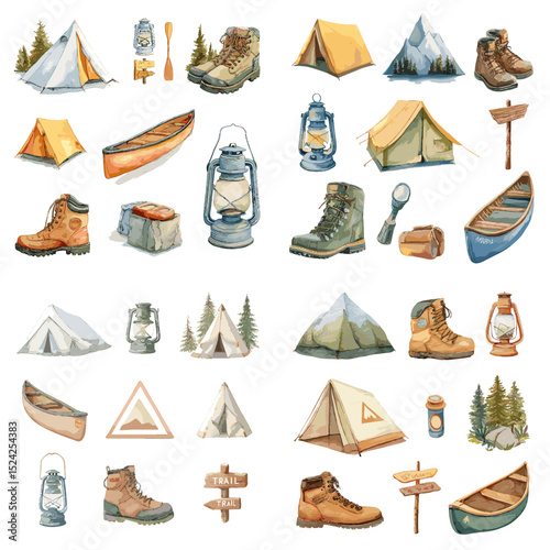Watercolor camping and outdoor gear set with tents, boots, lanterns, canoes, mountains, and signs. Ideal for hiking, travel, and nature adventure themes.

