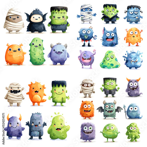 Colorful and funny watercolor Halloween monsters set including mummies, zombies, vampires, and cute creatures. Perfect for kids’ party designs and spooky fun.

