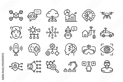 Artificial Intelligence Line Icons Set. Machine Learning, Robotics, Cloud Computing & Smart Tech Symbols. Vector illustration. Easily changes to any color.
