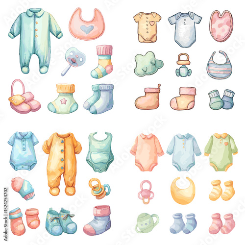Pastel watercolor baby clothing and accessories set including onesies, bibs, socks, booties, mittens, and pacifiers. Ideal for baby shower and nursery-themed designs.


