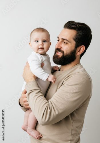 Young Father Holding Baby in Studio with White Background