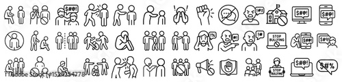 Line art collection of bullying related icons depicting social issues and prevention strategies