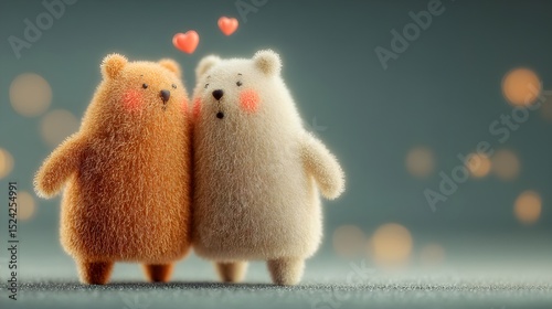 Heartwarming illustration of two fuzzy bear-like creatures sharing a tender moment, surrounded by floating hearts. Captures the essence of love, friendship, and affection in a whimsical style.