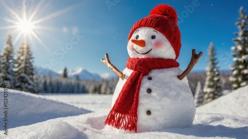 Happy cartoon snowman in a winter wonderland forest with a festive hat, scarf, and carrot nose, surrounded by snowflakes and Christmas trees for a fun holiday celebration