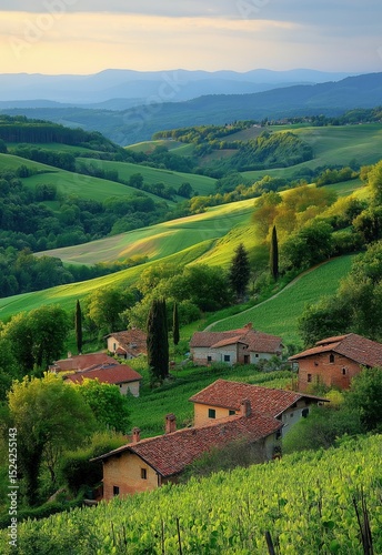 Painting of houses on green hills.