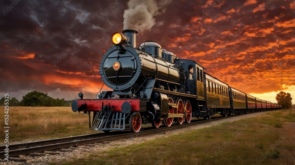 Fototapeta premium Vintage black steam train powers through a lush forest on a historic railway track