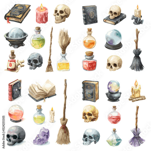 Watercolor witchcraft set featuring potion bottles, skulls, magic books, brooms, crystals, and candles. Ideal for fantasy, Halloween, and mystical designs.

