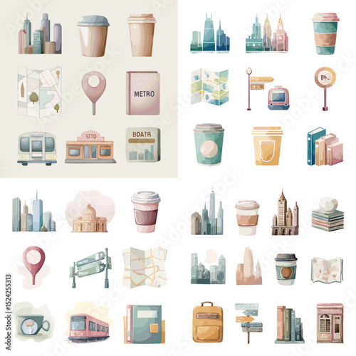 Watercolor travel and city exploration icons including buildings, coffee cups, maps, metro signs, and direction boards. Perfect for tourism and city guide themes.

