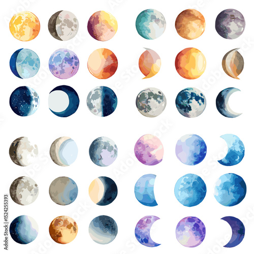 Beautiful watercolor moon phases in soft, colorful hues showing full moon, crescent, half moon, and eclipse variations. Ideal for astronomy or celestial themes.

