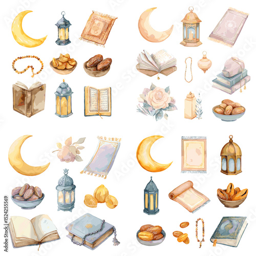 Watercolor set of Ramadan and Islamic icons featuring lanterns, prayer rugs, crescent moons, Qurans, dates, and spiritual items. Hand-painted in soft tones.

