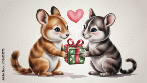 Adorable Mouse Couple Exchanging a Gift with Heart Above, Valentine's Day Concept