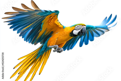 A vibrant blue and yellow macaw in mid-flight, wings outstretched, against a white background, showcasing its stunning plumage.