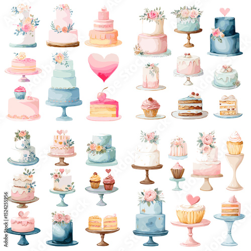 Charming watercolor wedding cakes and cupcakes with floral decoration and soft pastel colors. Isolated hand-drawn dessert set for party and celebration.


