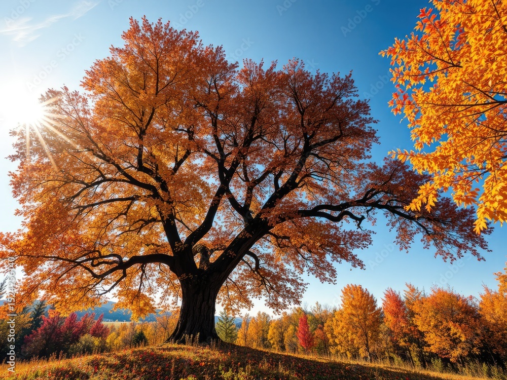 Fototapeta premium Autumn Tree Silhouette with Sunlight Streaks
