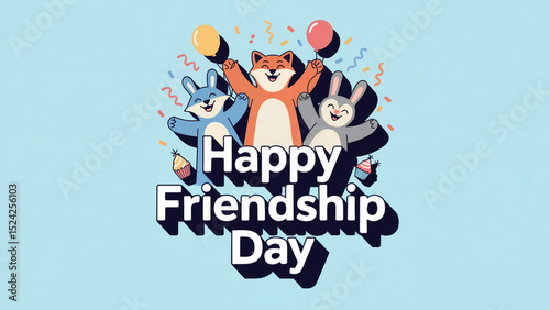 Cartoon Animals Celebrating Happy Friendship Day with Balloons, Cupcakes, and Festive Confetti on Blue Background