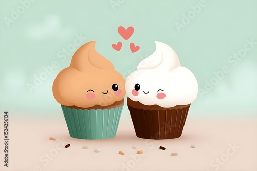 Cute illustration of two smiling cupcakes with colorful frosting, surrounded by hearts. Their adorable expressions symbolize friendship and love, creating a warm and joyful atmosphere.