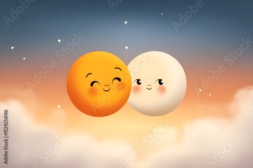 Charming illustration of a smiling sun and moon together in a vibrant sky. The sunset background and fluffy clouds create a cozy and whimsical atmosphere, highlighting harmony and friendship.