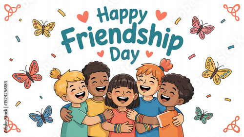 Cartoon Children Embracing, Celebrating Happy Friendship Day Surrounded by Butterflies and Colorful Confetti on White Background