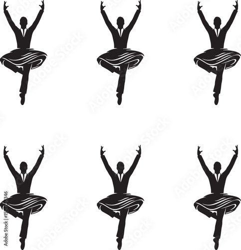 Ballet dancer silhouettes. Silhouettes depict a figure in a suit jacket and a tutu, with arms raised, appearing to be in a ballet pose.