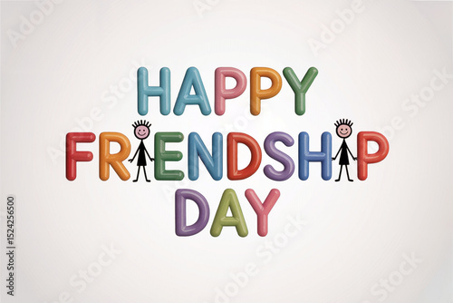 Colorful Happy Friendship Day Message with Cartoon Stick Figures Isolated on White Background
