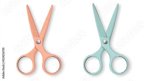 Two pairs of scissors, open, with peach and light-blue handles, on white
