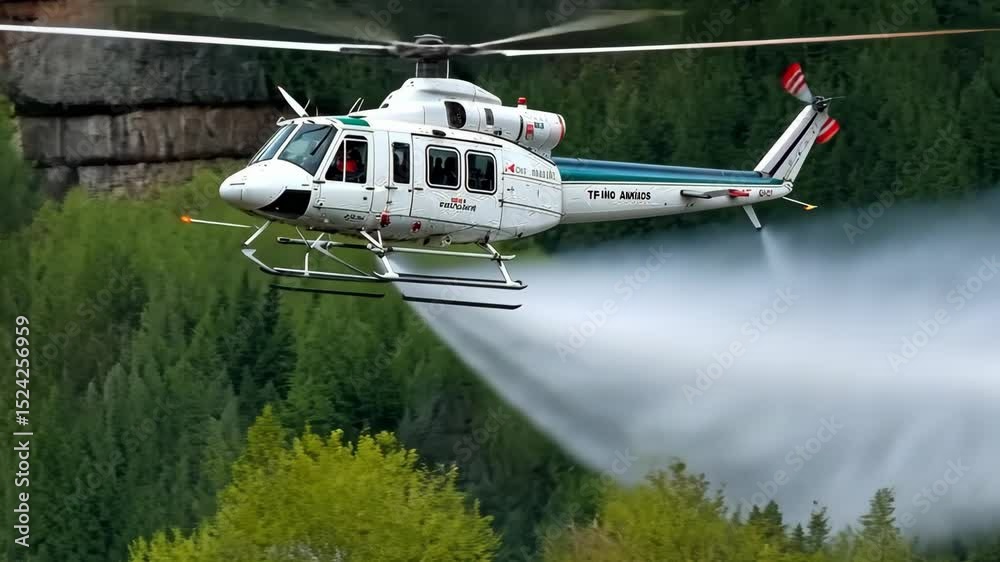 Helicopter spraying water over forested area during aerial firefighting operation in mid-afternoon light
