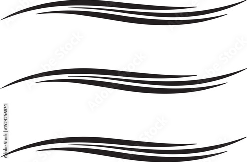 Flowing Swish Line Design Elements. Three parallel sets of elegant, swooping black lines create decorative, wavy design elements on a vector white background.