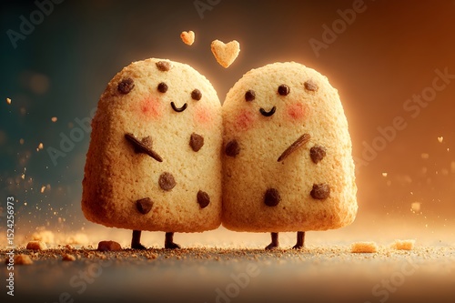 A heartwarming illustration of two happy cookies with chocolate chips, standing close together, surrounded by floating cookie hearts. Perfectly symbolizes love, friendship, and sweetness.