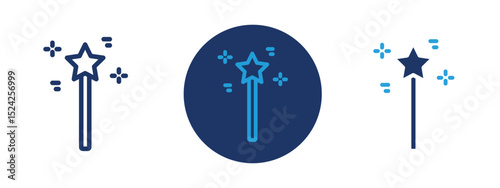 Set of 5 pixel perfect colored Fairy Wand icon with 1 unexpanded, 1 silhouette, Magic fairy wand with sparkling stars icon, ideal for fantasy or celebration use.