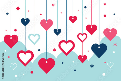 Romantic red and pink hearts, balloons, and decorative elements create a beautiful Valentine's Day background illustration of love and celebration