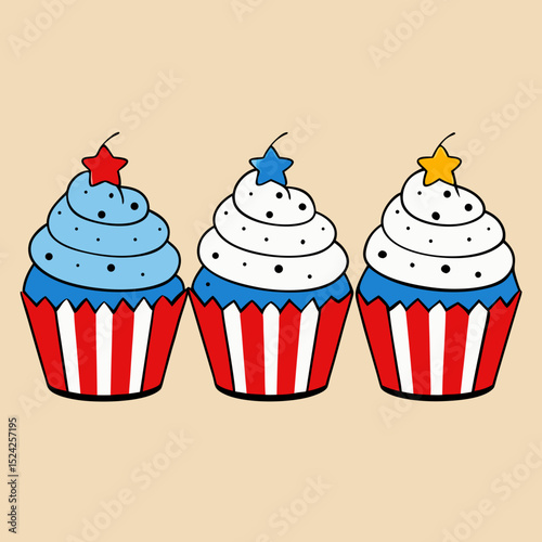 Festive cupcakes decorated with red. white. and blue frosting for US Independence Day celebration