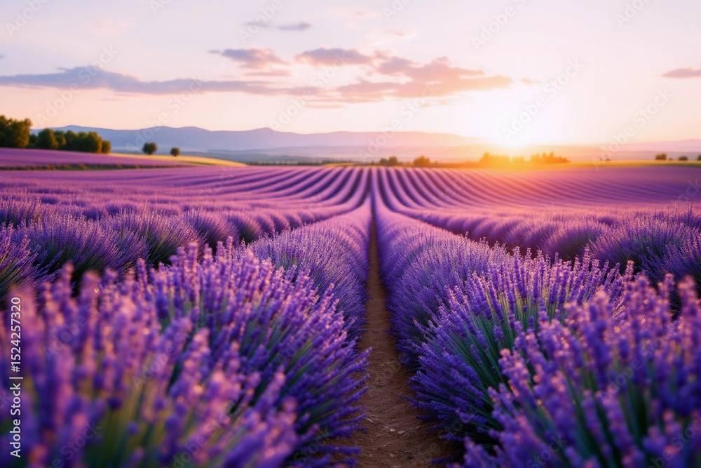 Obraz premium Lavender Sunset: Rows of Purple Flowers at Golden Hour