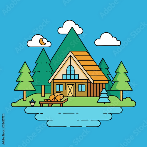 Detailed summer scene with modern woodland cabin on lakeshore cabins hotels logs greenery