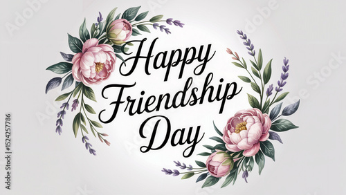 Happy Friendship Day Card Featuring Elegant Floral Wreath with Pink Peonies and Lavender Sprigs
