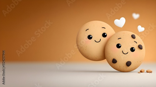 Adorable illustration of two smiling cookies with cute faces, surrounded by little hearts. Perfect for themes of friendship, love, and sweetness in a joyful and playful atmosphere.