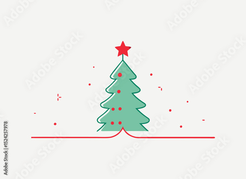 Minimalist Christmas Tree Illustration with Star and Snowflakes on Blue Background