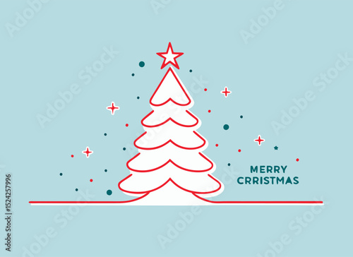 Minimalist Christmas Tree Illustration with Star and Snowflakes on Blue Background