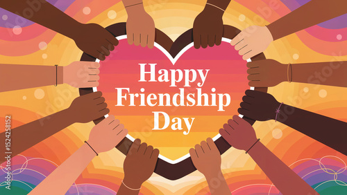 Happy Friendship Day Diverse Hands Forming Heart Shape on Colorful Background Celebrating Unity