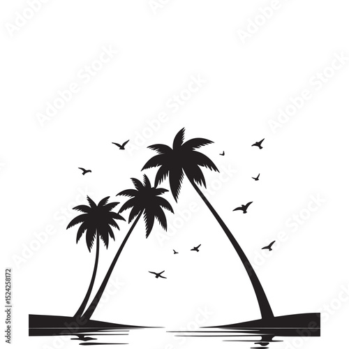 Silhouette of tropical palm trees and flying birds on a reflective beach landscape