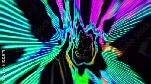 Psychedelic distorted tunnel with vibrant pink, blue, and green shifting light patterns. Energetic motion graphic offering a trippy visual journey