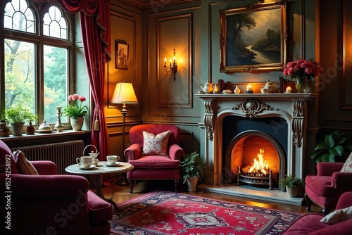 Cozy tea room interior with warm lighting, plush seating, and a charming fireplace, perfect for a relaxing afternoon , home, tea time, cushions