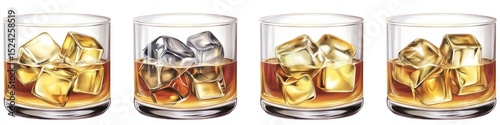 Four glasses of amber liquid with ice (1)