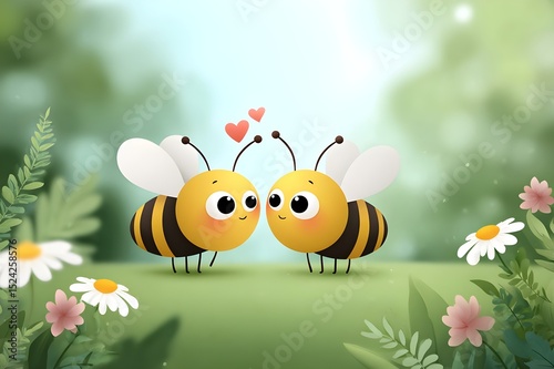 Charming illustration of two smiling bees facing each other with little hearts above, set in a lush garden with flowers and greenery. Perfect for themes of love, nature, and friendship.