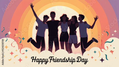 Illustrated Group of Friends Celebrating with Rainbow Background, Confetti and Happy Friendship Day Text