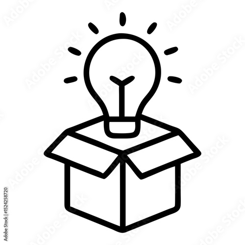 A lightbulb with rays emanating from it sitting inside of an open cardboard box on transparent background